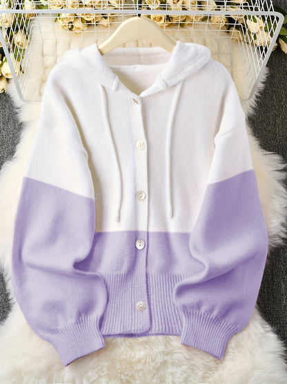 Plus Size - Fresh Pink & White Contrast Hooded Cardigan, Cozy Long Sleeve Cardigan with Button Details, Perfect for Fall/Winter