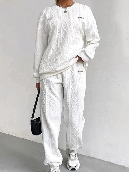 Women's Casual 2pcs Pullover Set - Consists Of A Textured Solid Color Jacquard Long-sleeve Crewneck Top And Sweatpants, High-quality Fabric, Women's Suit, Women's Summer Clothing, Sweatsuits Women 2pcs Women Clothing