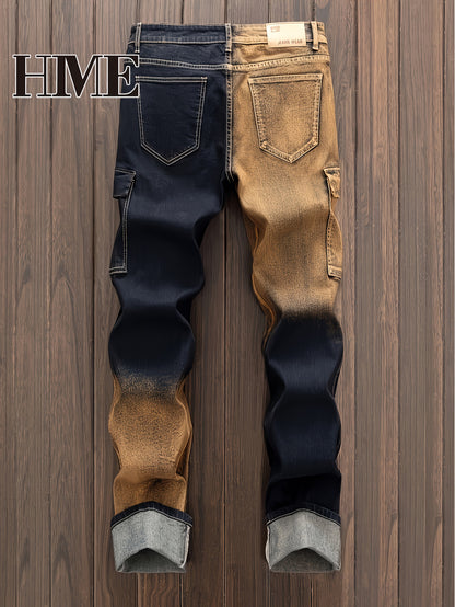 HME Men's Color Block Denim Pants, Gradient Multi-Pocket Jeans, Trendy Two-Tone Washed Street Style Versatile Jeans, Mid-Rise Stretch Slim Fit Classic Five-Pocket Design, All-Season Wear, Elastic Fabric Suitable for Machine Wash, Built-in YKK Zipper