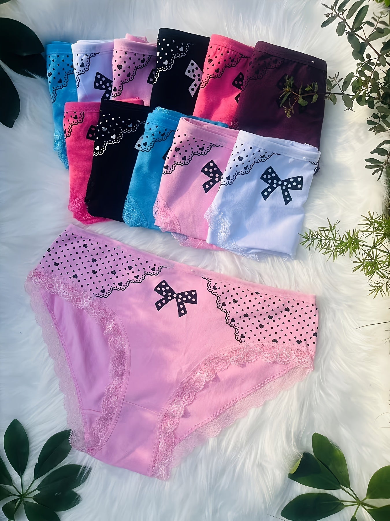 12pcs Elegant Contrast Lace Briefs | Plus Size with Bow and Heart Print, Comfortable & Breathable Stretchy Women'S Lingerie & Underwear