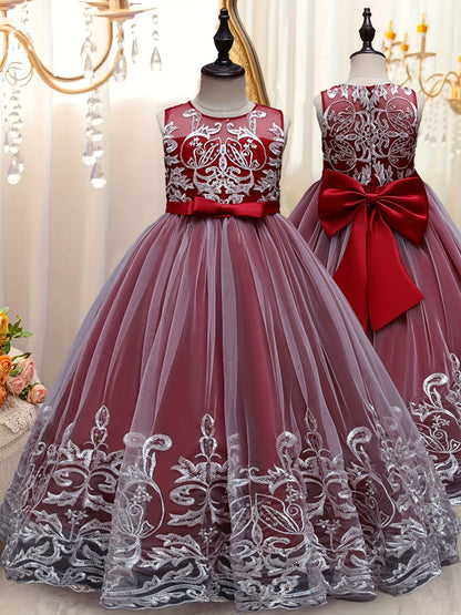 Flower Girl Lace Dress for Kids Wedding Bridesmaid Pageant Party Formal Long Gown Princess Communion Tulle Bow Dresses