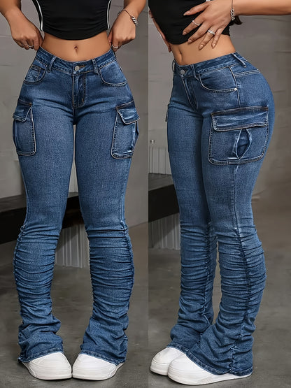 2025 New Deep Blue Tight Side Folded Elastic Pants, Slim Fit Design - High Waist Elastic Jeans, Casual And Fashionable Street Style