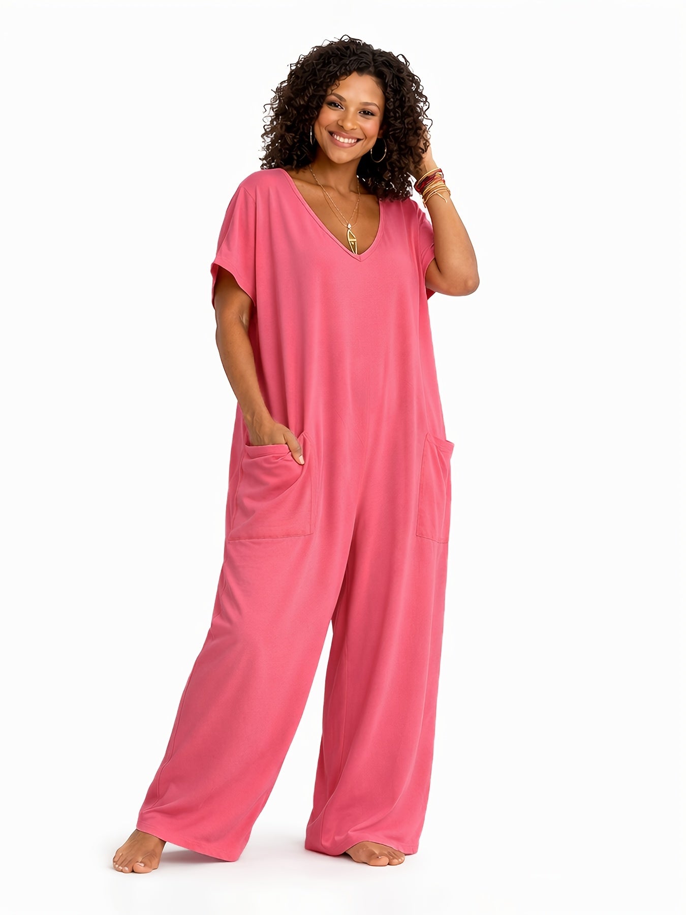 Women's Rose Red Polyester V-Neck Oversized Jumpsuit - product view 3