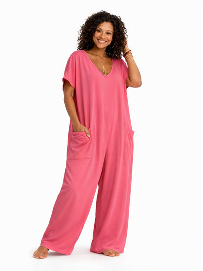 Women's Rose Red Polyester V-Neck Oversized Jumpsuit - product view 3