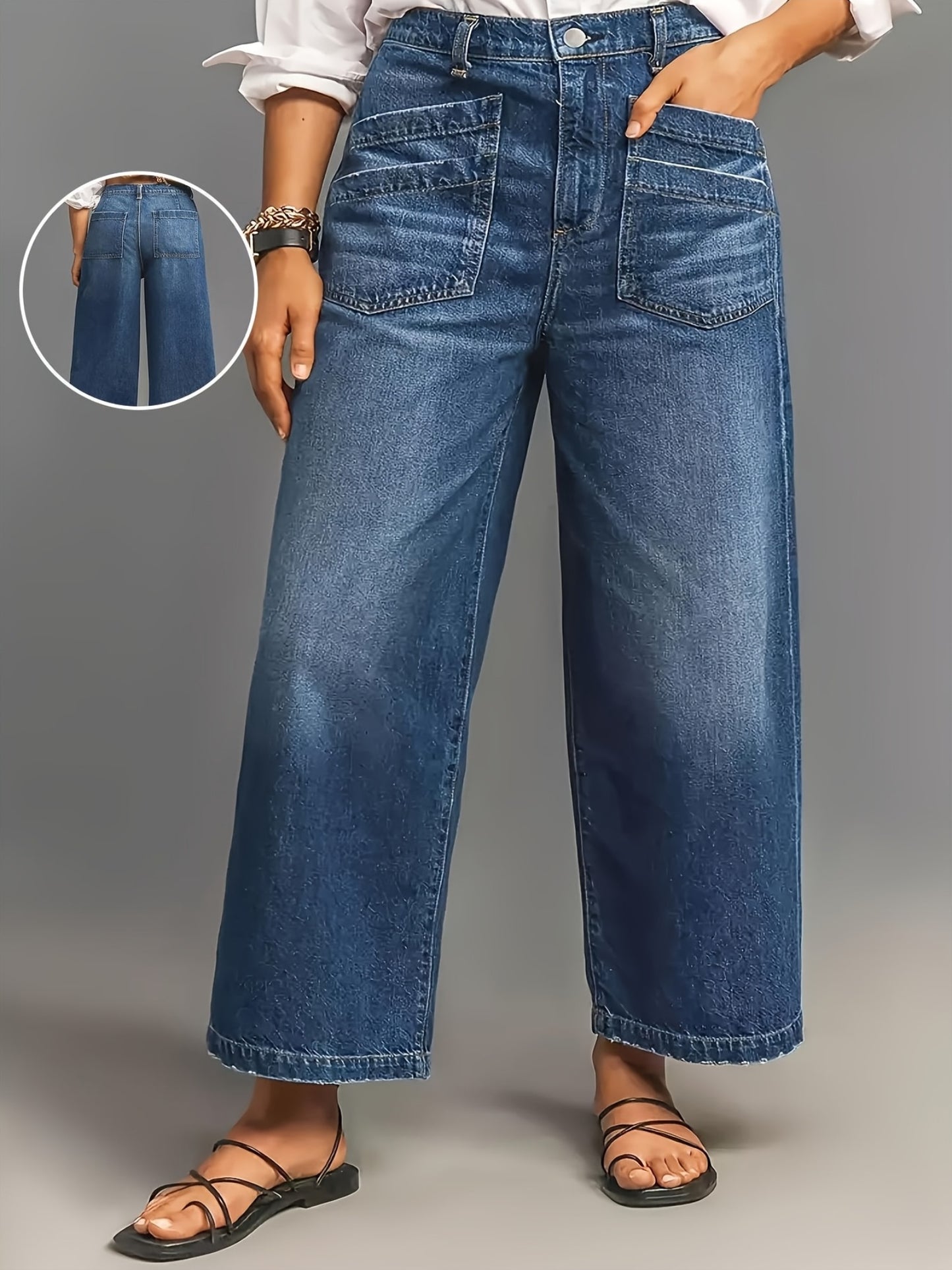 1pc Blue Women'S Plus Size Loose Fit, Versatile Multi-Pocket Washed Denim Wide-Leg Stretch Denim Jeans