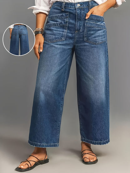 1pc Blue Women'S Plus Size Loose Fit, Versatile Multi-Pocket Washed Denim Wide-Leg Stretch Denim Jeans