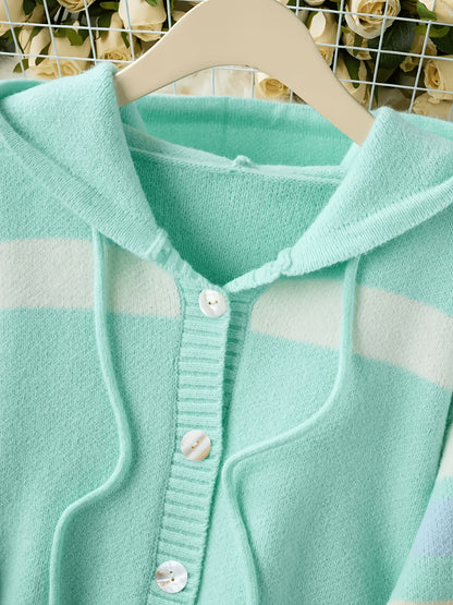 Hooded Cardigan with Rainbow Stripes, Women'S Standard Size Sweater, Soft And Comfy Loose-Fitting Sweater Jacket