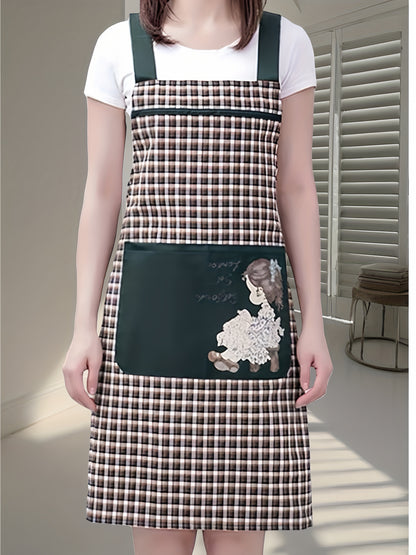 Stylish Unisex Plaid & Floral Portrait Print Apron - Red & Black Mix, Machine Washable with Front Pockets, Sleeveless Design for Kitchen, Home, or Flower Shop Use, Cute Apron, Kitchen Wear, Elegant Kitchenwear, Practical Kitchen Item