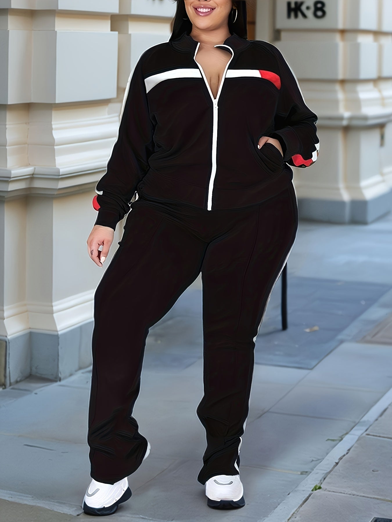 UOUA Plus Size Jogging Suit for Women 2pcs Sweatsuit Set Long Sleeve Jacket & Jogger Pants Two Piece Outfits Track Suit