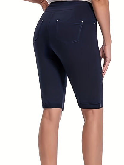 Women's Stretchy Pull On Bermuda Shorts High Waist Office to Vacation Pants, Non See Through Fabric, Machine Washable with 5 Pockets & Cuffed Hem for Everyday, Formal Events Elegant Casual All Season Shorts