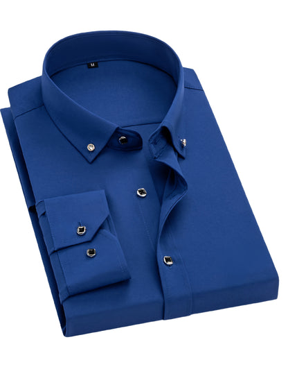 Father'S Day Gift Choice, Men'S Long Sleeve Button Shirt, Crystal Button Design, Solid Color Plain Formal Business Attire, Great As Gift for Party, Wedding, Date Dress Shirt
