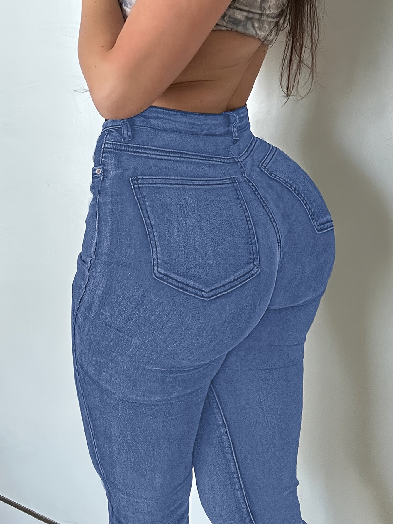 Women'S High Stretch Flare Zipper Jeans - Solid Color Street Style with Pockets, Four Seasons Comfortable Machine Washable Fabric, Functional Fashion Design, Comfortable Fit