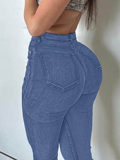 Women'S High Stretch Flare Zipper Jeans - Solid Color Street Style with Pockets, Four Seasons Comfortable Machine Washable Fabric, Functional Fashion Design, Comfortable Fit