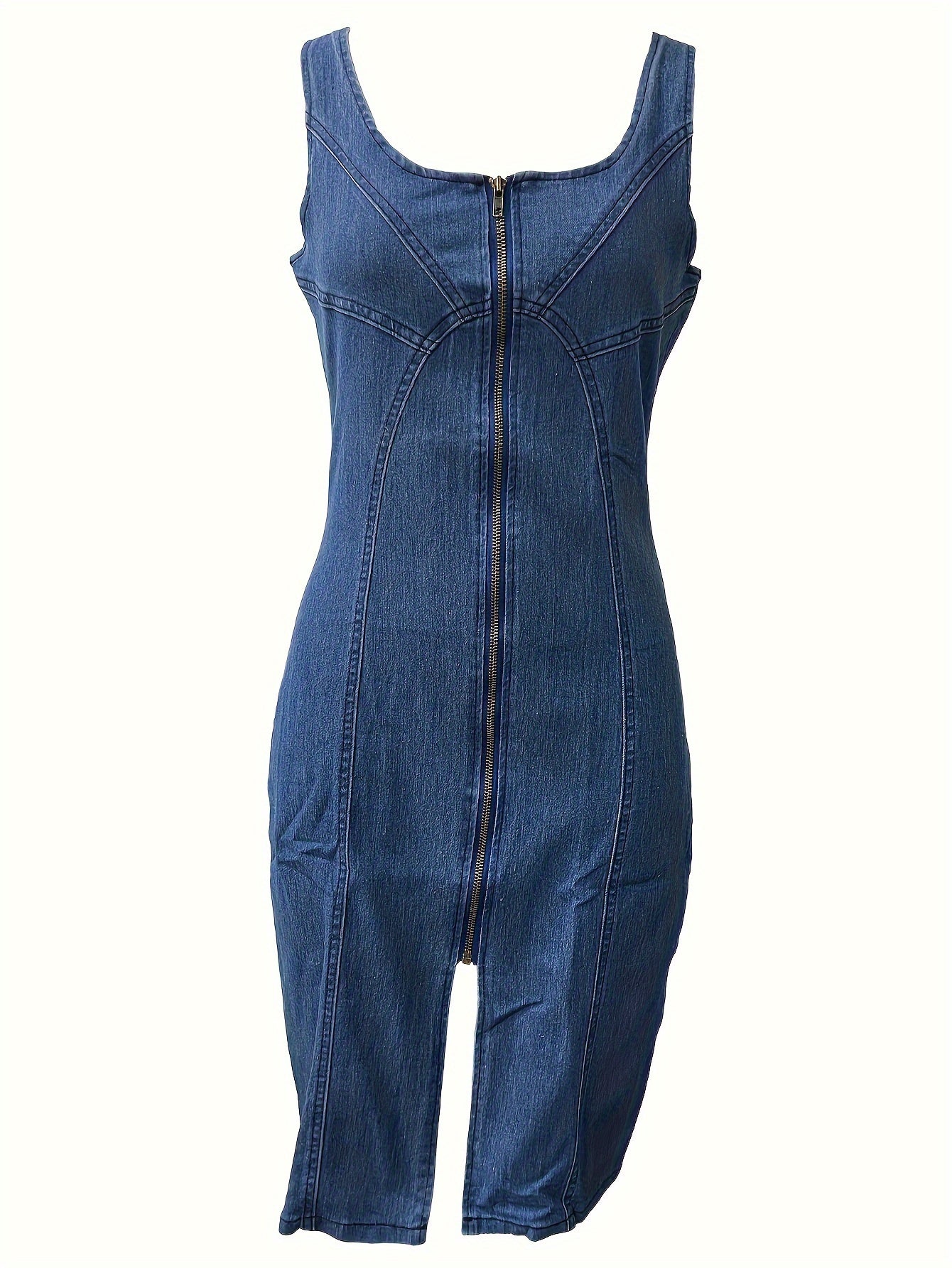 Women's Summer Sleeveless Casual Vest Denim Dress - Hip-Hugging Tight Fit, Front Zipper & Side Slit, Mini Length, Machine Washable, Solid Color Versatile Style, Durable Fashion