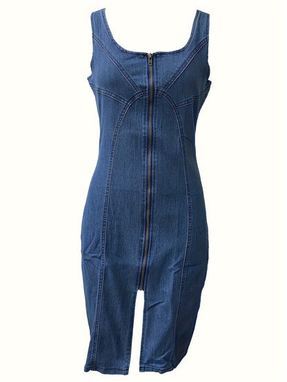 Women's Summer Sleeveless Casual Vest Denim Dress - Hip-Hugging Tight Fit, Front Zipper & Side Slit, Mini Length, Machine Washable, Solid Color Versatile Style, Durable Fashion