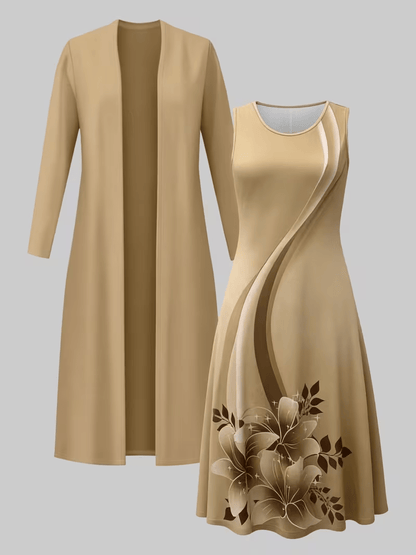 2pcss Set, Vest Style Dress+Long Sleeved Jacket Cardigan, Women'S Fashionable Dress Set, Floral Print Dress Cardigan Top Paired with Waist Cinching Long Skirt 2pcss Set, Elegant Temperament, Suitable for Wearing on The Street