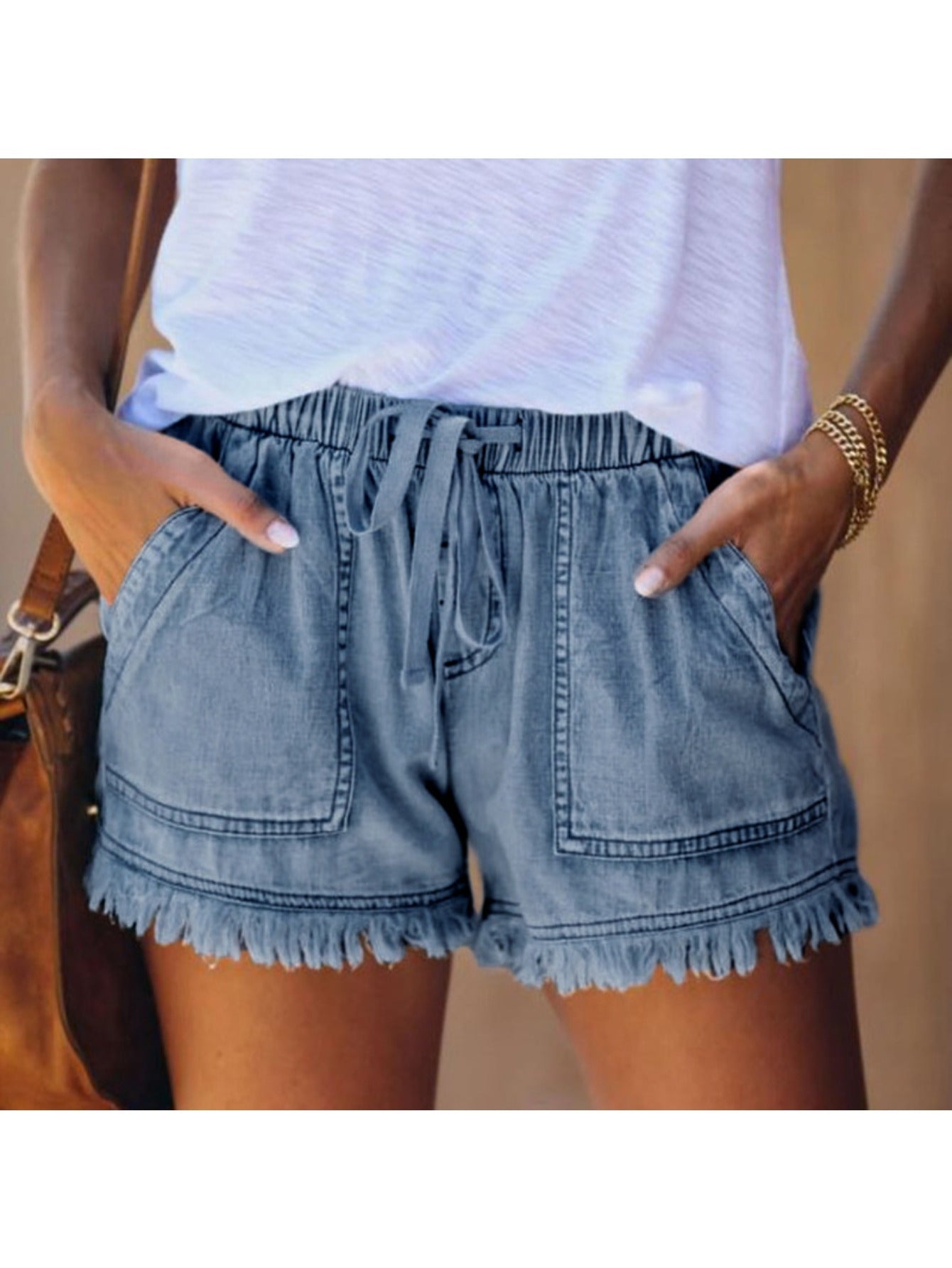 Elastic Waist High Rise Denim Shorts Women'S Hem Fringe Shorts Comfort Stretch Fit Casual Summer Bottoms