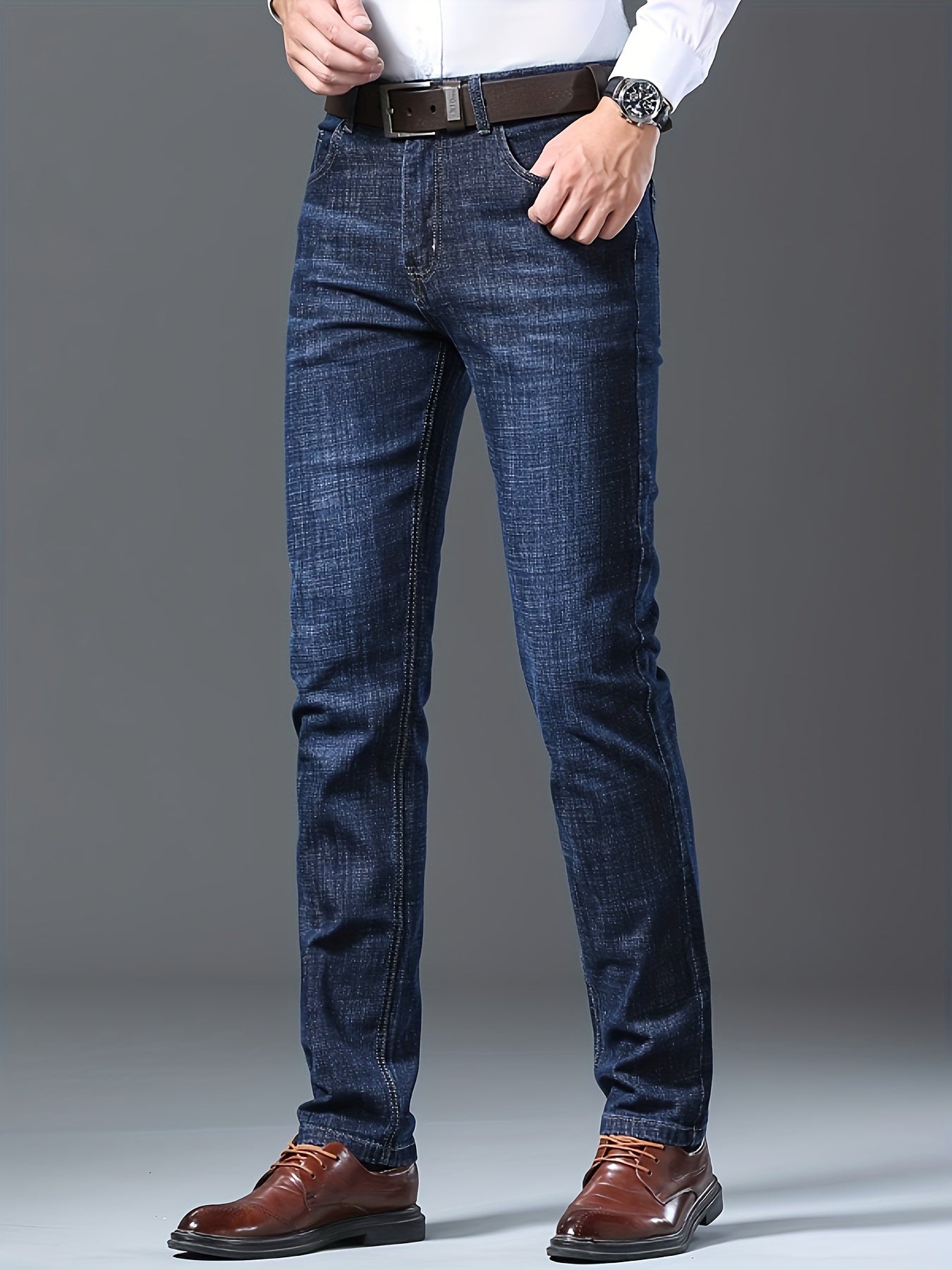 Men's High-Stretch Straight-Leg Business Casual Jeans - Premium Water-Washed Denim, Regular Fit Light Blue with Red Stitching, Autumn/Winter Formal & Casual Attire