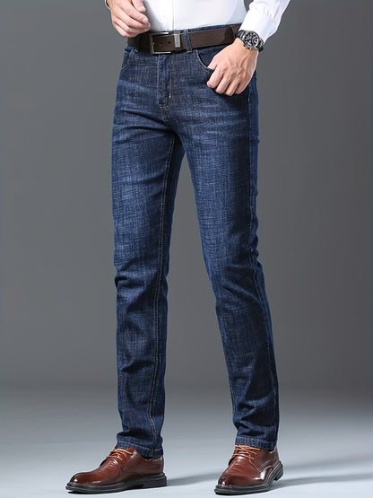 Men's High-Stretch Straight-Leg Business Casual Jeans - Premium Water-Washed Denim, Regular Fit Light Blue with Red Stitching, Autumn/Winter Formal & Casual Attire