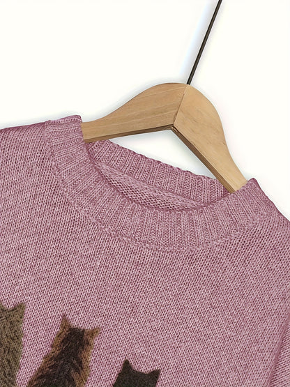 [Cozy Cat Sweater] Cozy Cable Sweater with Playful Cat Print | Women'S Beige & Brown, Loose Fit, Long Sleeve, Round Neck, Casual Spring And Autumn Top Ropa De Mujer Promotion Local Warehouse Discount