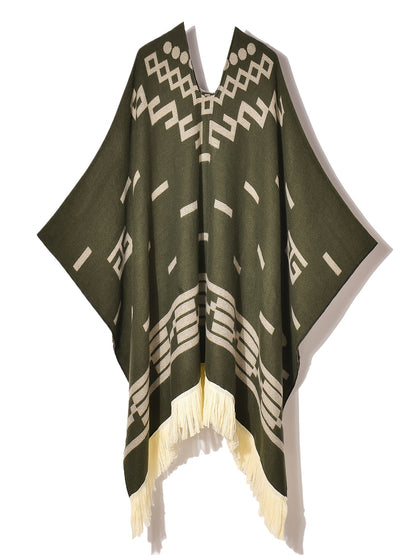 Men's Western Bandit Cape Coat with Tribal Print, Warm V-Neck Poncho with Tassel Trim for Outdoor Adventures, Fall and Winter Casual Wear (Brown/ White)