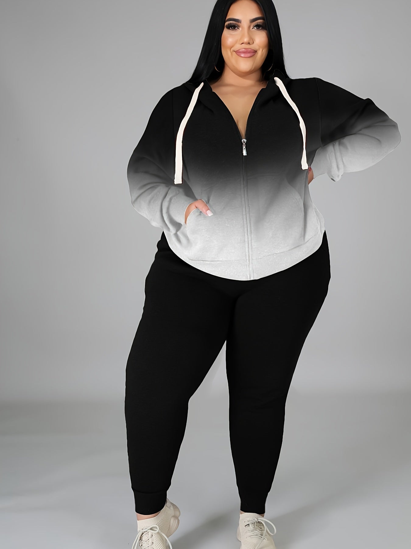 Women's Plus Size Tracksuit Set - Long Sleeve Hooded Loungewear and Sweatsuit Sets with Pockets, Polyester and Elastane