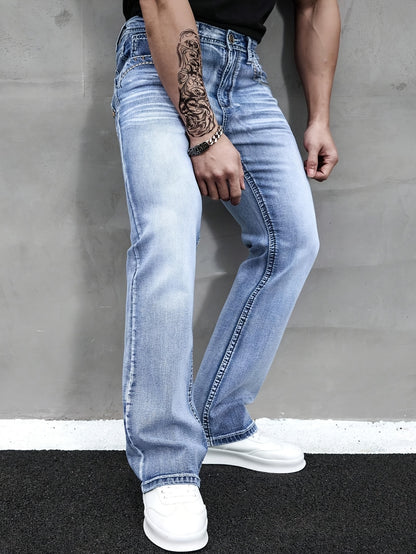 ESDVQ Men's Slim-Fit Classic Washed Denim Bell-Bottom Jeans - Mid-Stretch Machine-Washable Flared Pants with Suitable for All-Season Wear, Comfortable Stretchable Bell-Bottoms for Casual & Dressy Outfits