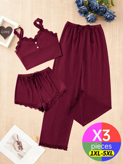 Random Delivery, 3pcs Plus Size Ladies Four Seasons Sexy Lace Suspender Home Service Suit (including Trousers, Shorts And Vest), Black-burgundy-grayish Blue, Sent Randomly.