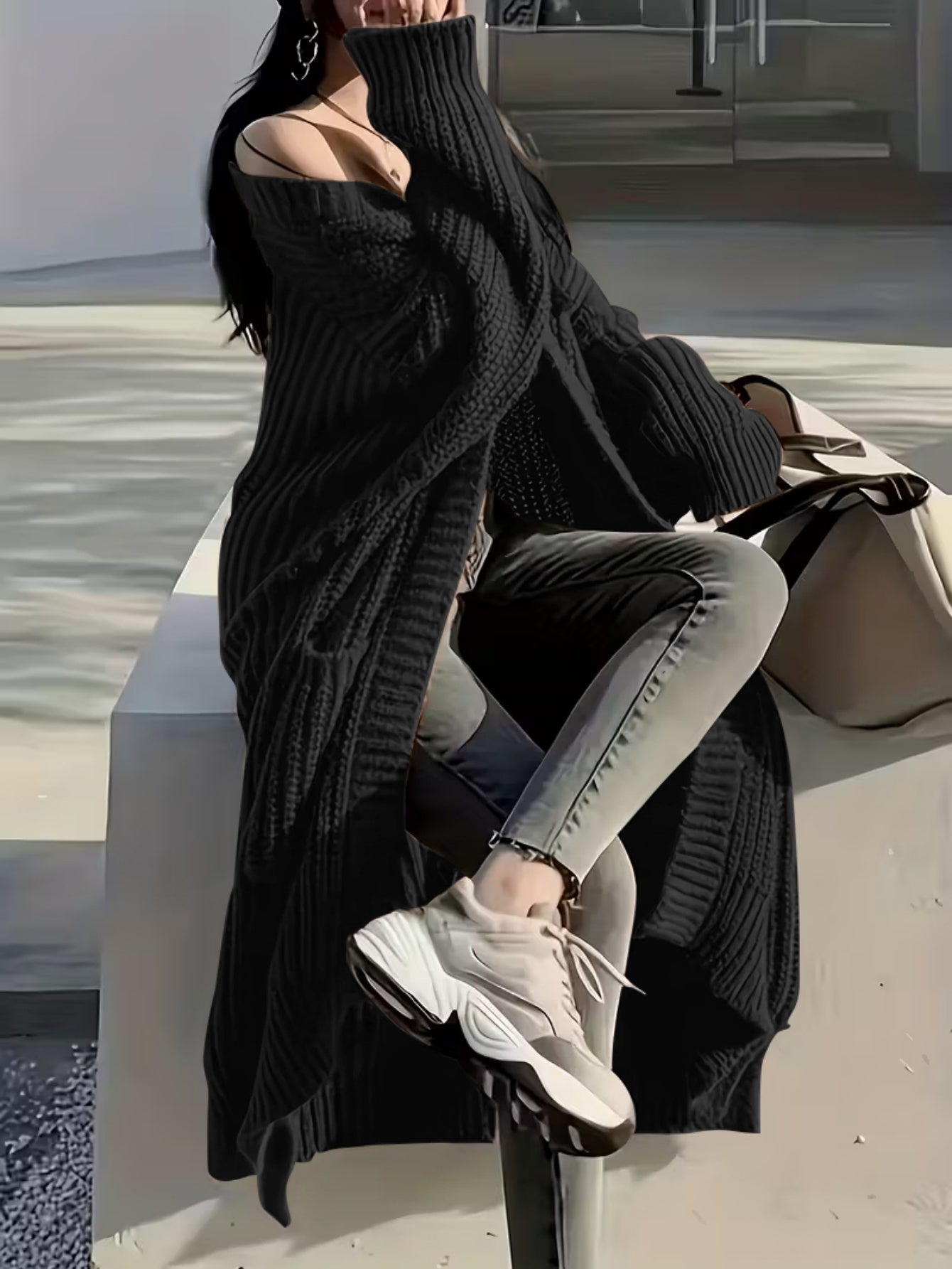 Plus Size, Solid Color Plus-Size Women's Long Pocket Cardigan Loose Over-the-Knee Sweater Coat Fashion Versatile Outerwear