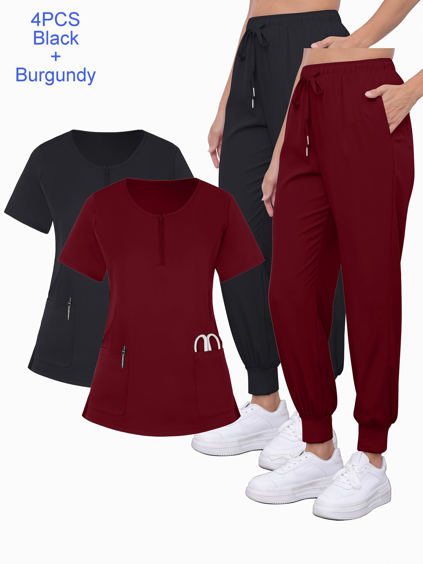 4pcs Set Of Multi-color Women's Round Neck Zipper Matte Breathable Sports Uniform Pocket Hand Washing Work Clothes Brush Hand Clothes Tying Feet Pants Set
