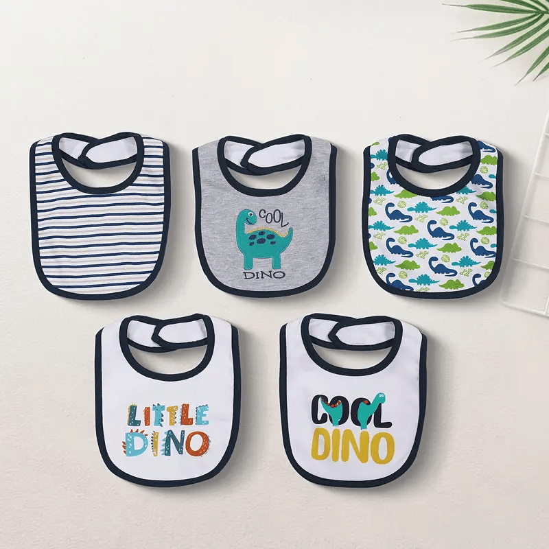 5-Pack Baby Bibs with Adjustable Snaps - Cute Cartoon Embroidery, Unisex Design for Boys & Girls - Perfect for Mealtime Messes