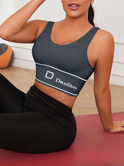 5pcs DanSheer Sports Bra- Wireless, Full Coverage, High Elasticity, Suitable for Yoga and Running, Breathable Nylon, Machine Washable, Various Colors, Featuring Fashionable "DANSHEER" Print, Sports Bra