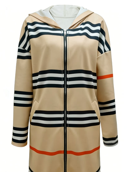 Women'S Beige Wavy Striped Hooded Longline Coat | Trendy Y2K Quiet Luxury Vibe Loose-Fit Full-Zip Outerwear for Spring Autumn Casual Daily Chic Versatile Outfit