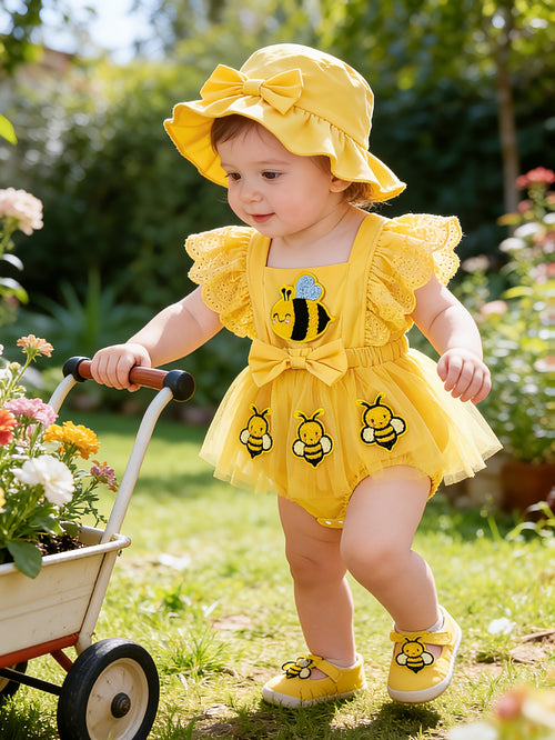 Baby Girl Summer Yellow Bee Jumpsuit Set: Sleeveless Patchwork Chiffon Jumpsuit And Matching Sun Hat, Suitable for Outdoor Outings (0-18 Months)