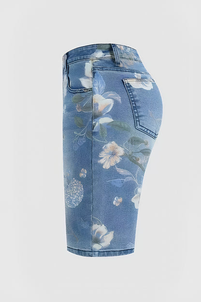 Plus Size Women Summer Clothes Women'S Stretch Floral Print Plus-size Denim Shorts, High-waisted For A Flattering And Effect, Retro Street Style, Highly Stretchy And Comfortable Fit, Perfect For Spring And Summer.