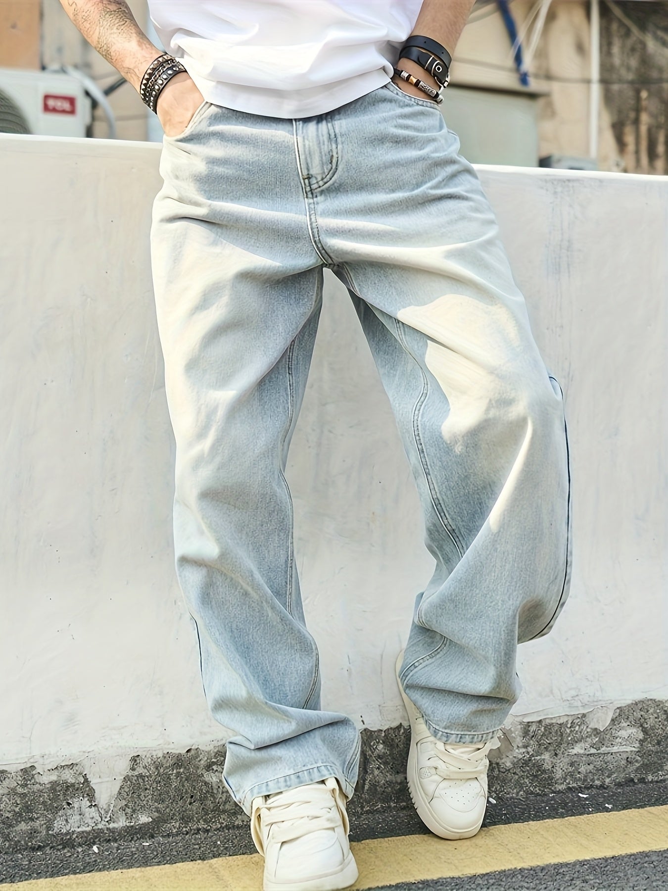 Trendy Solid Color Wide-Leg Straight Denim Jeans for Men, Inspired by Retro Casual Styles from Hong Kong