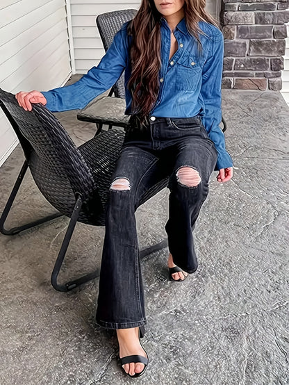 Denim Shirt Women's, Casual Jeans Western Style, Long Sleeved Button Up Top