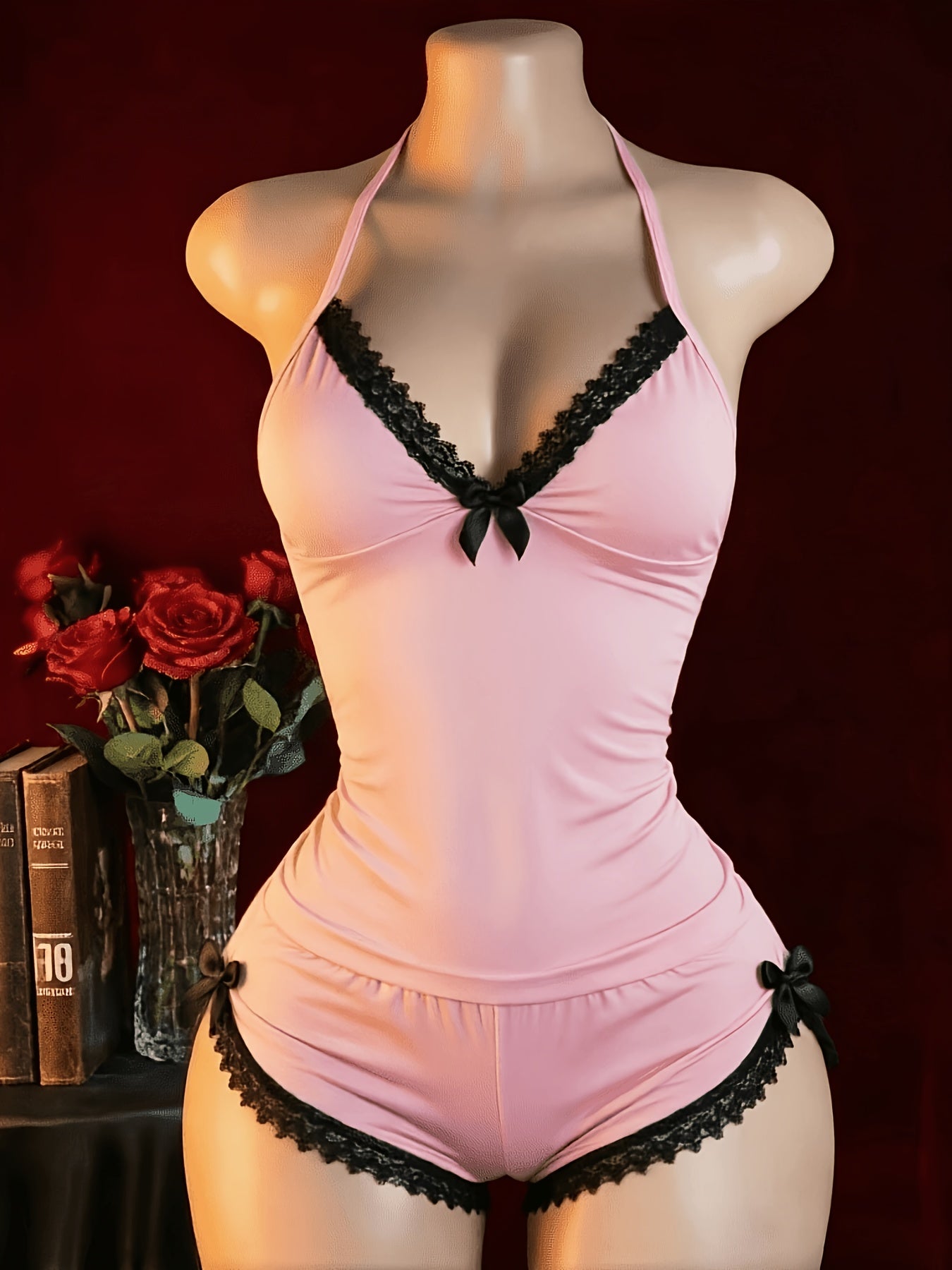 New Arrival Lingerie Seductive Halter Ruffle Sexy 2pcs Pajama Set, Women's Cami & Shorts Loungewear