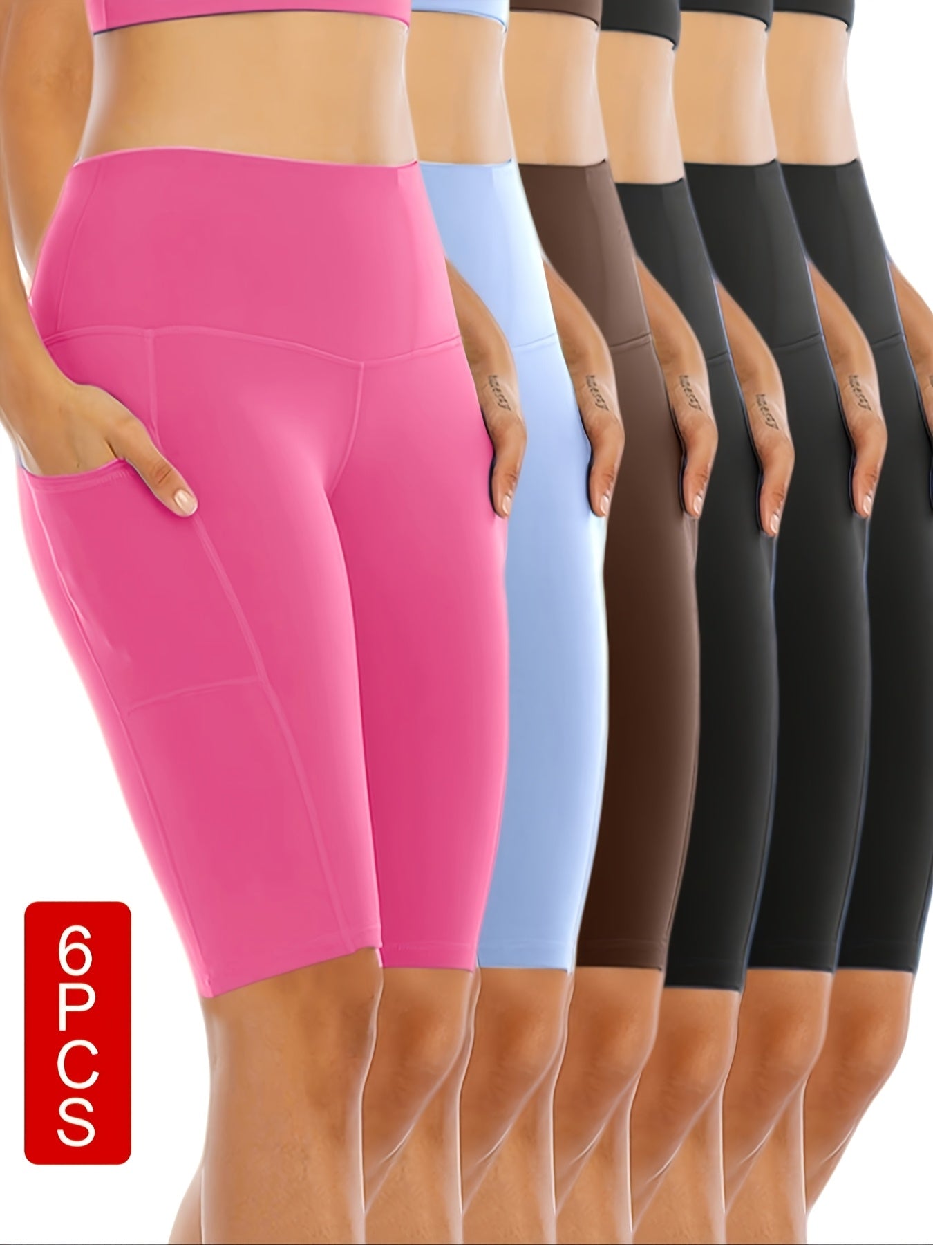 6pcs Set Of Women's Cycling Shorts with Pockets, High Waist Belly-closing Exercise Yoga Running Fitness Tennis Shorts Large Size Sports Shorts