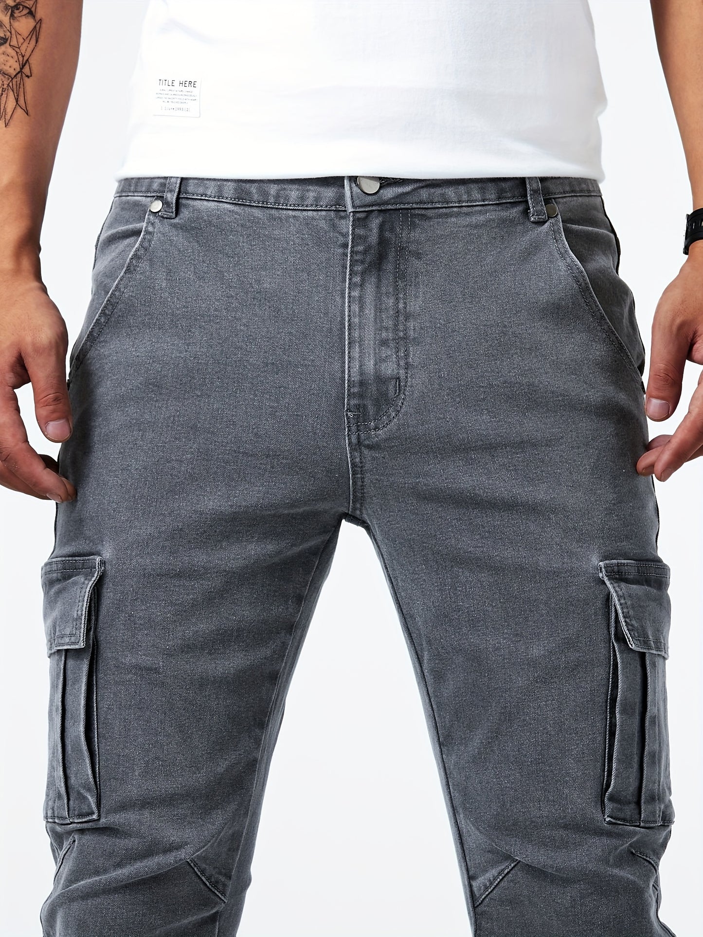 Slim Fit Multi Pocket Jeans, Men's Casual Street Style High Stretch Denim Pants for All Seasons Outdoor