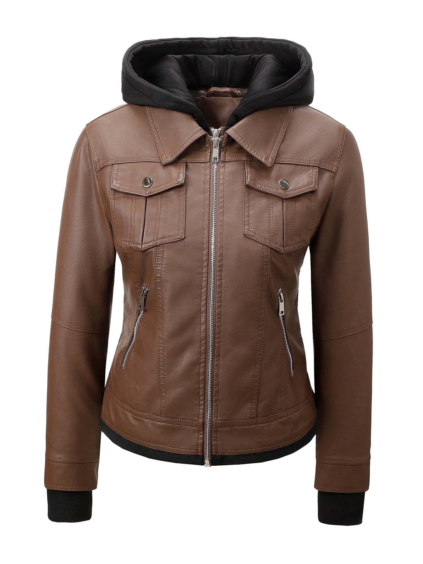Women's Hooded PU Leather Jacket, Classic Slim-Fit Biker Style with Detachable Hood, Full-Zip PU Leather Coat with Multiple Pockets, Warm Windproof Outerwear for Spring, Fall & Winter Casual & Daily Outfits