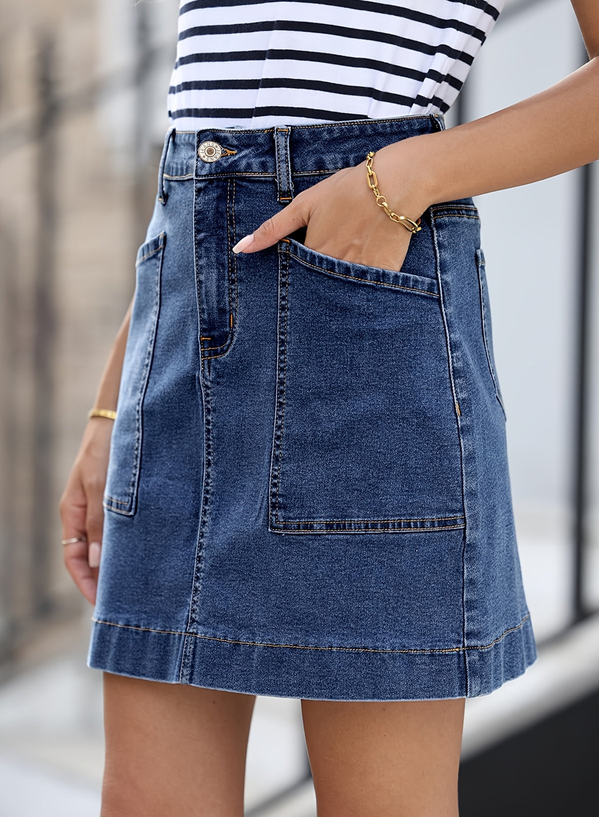 Women'S High-Waist Stretch Denim Mini Skirt - Versatile, Mid-Length Skirt with Large Pockets, Casual Elegant Style, Perfect for Summer, Jeans Skir