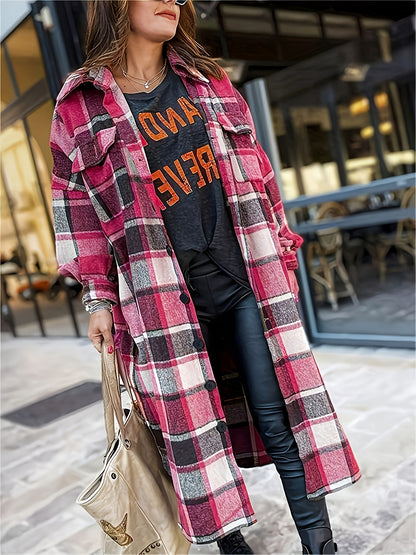 Autumn And Winter Long Trench Coat with Side Slits, Notch Collar, Casual And Comfortable, Tailored Fit, Women's Plaid Coat.