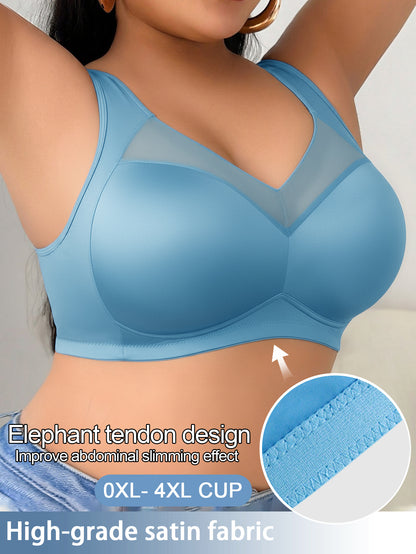 Women's Wire-Free Plus-Size Bra - Mesh Design, Sheer Satin Seamless Underwear, Comfortable Breathable Soft Support, Non-Adjustable Straps, Non-Removable Padding, Nylon Spandex Blend Smooth Bra, Suitable for Daily Wear
