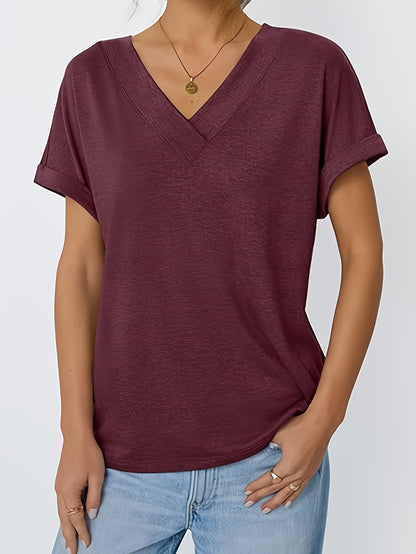 Ladies Top 2025 Europe And The United States Fashion Casual Solid Color No Print V-neck T-shirt for Women