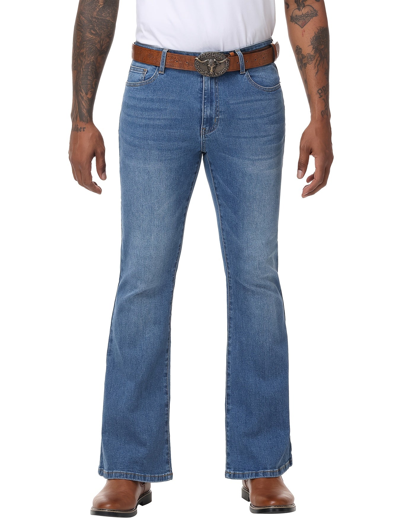 Men's Vintage 70s Retro Bell Bottom Jeans - Wide- Flare Pants with Mid-Stretch Blend, Beltless Suitable for Disco Parties, Night Out & Casual Attire, Machine Washable Mid-Rise Bottoms
