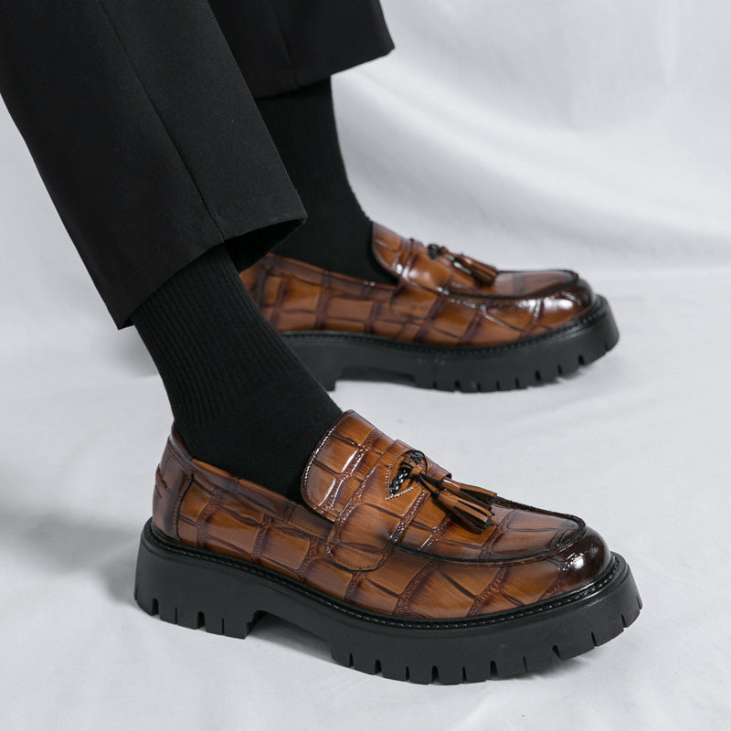 [Printed Platform Loafers] Men's Printed Platform Slip-On Penny Loafers Fashion Round Toe Tassel Decoration Non-Slip Lug Sole Business Dress Shoes for Driving Office Party
