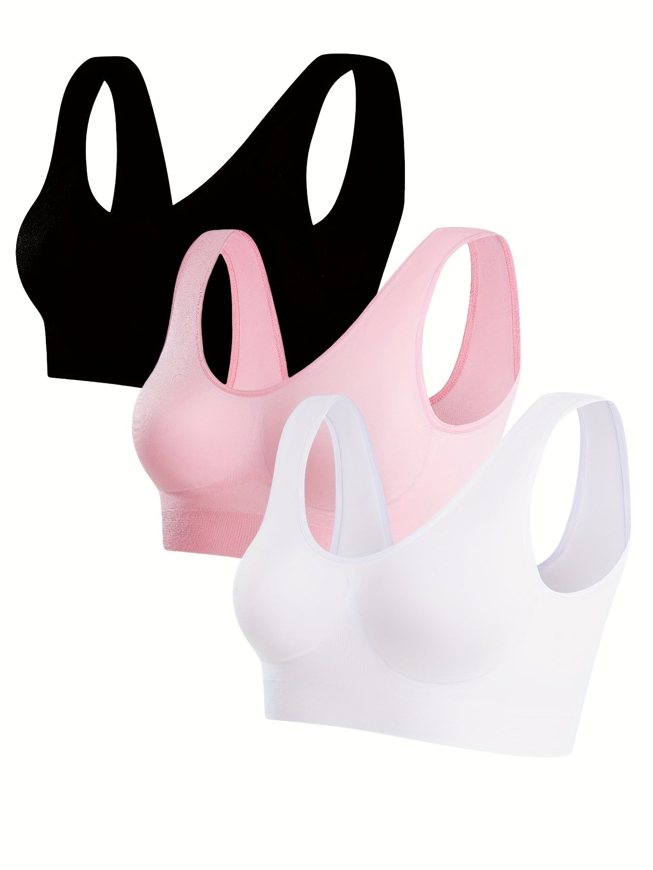 3pcs Women's Seamless Comfort Sports Bras - Thin Single-Layer No Padding Ribbed Nylon Vest Style, Elastic Breathable Backless Design for Gym, Yoga & Casual Wear (Black, White, Beige), Gym Workout Accessories, Smooth Texture Finish, Activewear Essentials,
