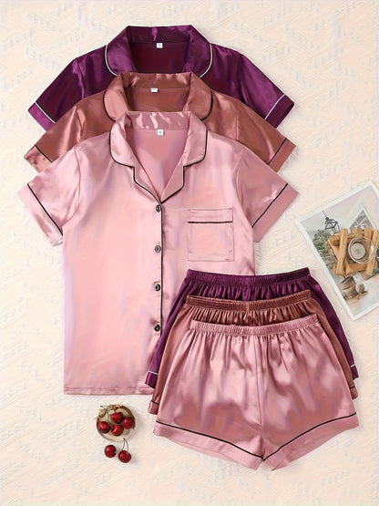 Casual, Fashionable, and Comfortable 6pcs Set in 3 Colors: Solid, Plain, Satin, and Satin Trim Short-Sleeve Shirt & Elastic Waist Shorts Pajama Set