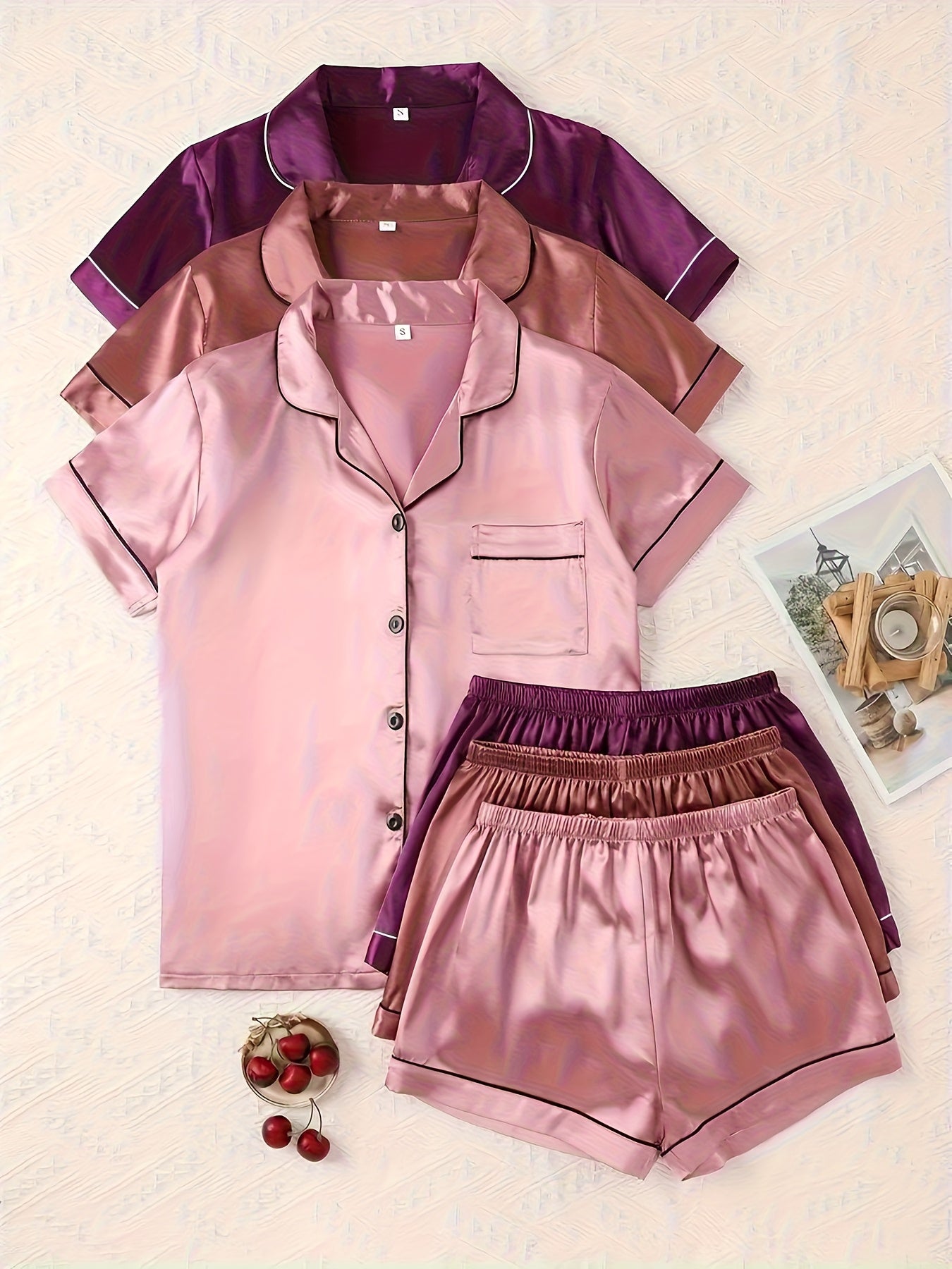 Women's Coffee + Purple + Pink Satin Short-Sleeve Shorts - product view 1